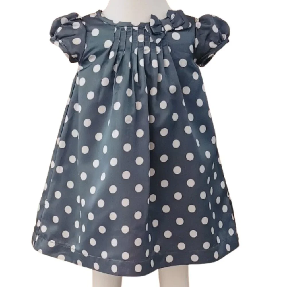 Girl's Gray Polka Dot Dress 6M Carters Pleated Short Sleeve Silky Lined with Bow